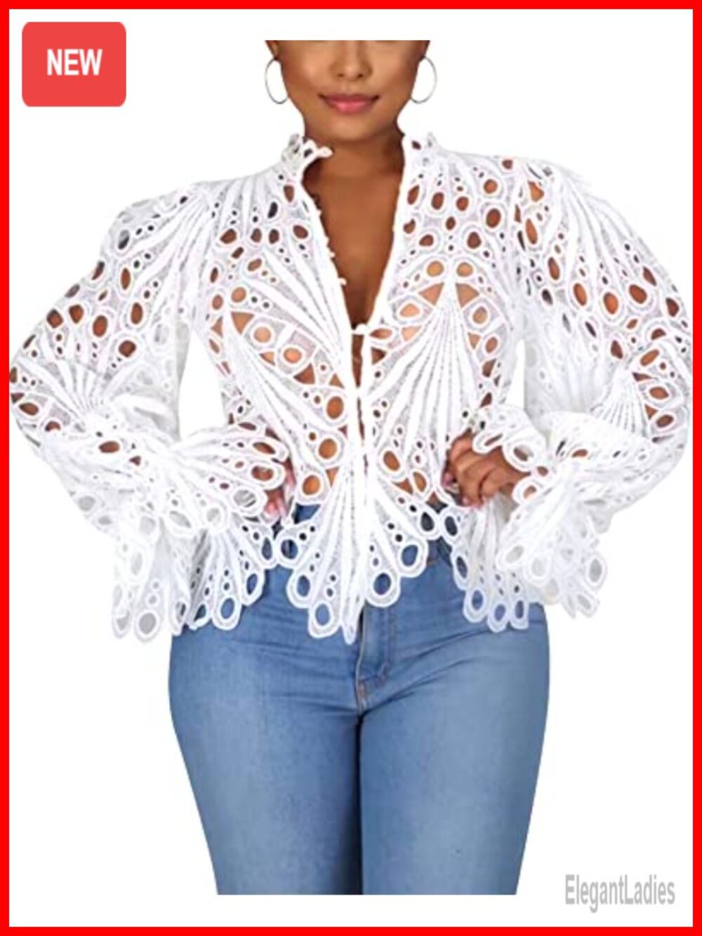 Lace Ruffle Puff Long Sleeve Button Down Blouse